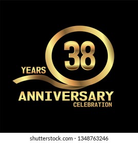 38 years Anniversary with golden font and circle with golden ribbon and black design. Simple design anniversary. golden font in center golden circle. Elegant design with simple model