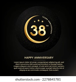 38 years anniversary with a half moon, stars, glitter and editable speech text. Golden half moon anniversary banner template with a golden number