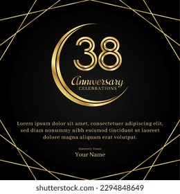 38 years anniversary with a half moon design, double lines of gold color numbers, and text anniversary celebrations on a luxurious black and gold background