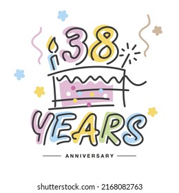 38 Years Anniversary handwritten typography lettering Greeting card with colorful big cake, sparkle firework, number, candle and confetti