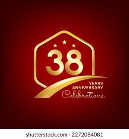 38 years anniversary inside of gold hexagon and curve with red backgrounds