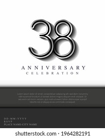 38 Years Anniversary Invitation and Greeting Card Silver Colored with Flat Design and Elegant, Isolated on white Background. Vector illustration.