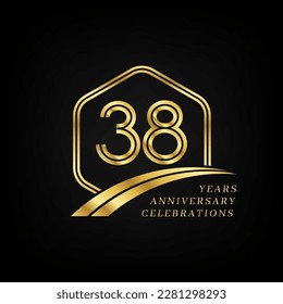 38 years anniversary. Lined gold hexagon and curving anniversary template.