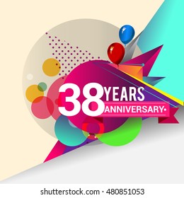 38 Years Anniversary logo with balloon and colorful geometric background, vector design template elements for your birthday celebration.