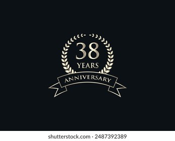 38 Years Anniversary Logo. Celebrating Success. Symbol of Eternal Achievement. Proud Heritage. Logo with Laurel Wreath and Ribbon. Years of Glorious Memories. Jubilee of Joy. Golden Celebratory Crest.