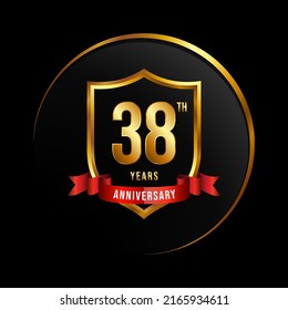 38 years anniversary logo with golden shield and ribbon for booklet, leaflet, magazine, brochure poster, banner, web, invitation or greeting card. Vector illustrations.