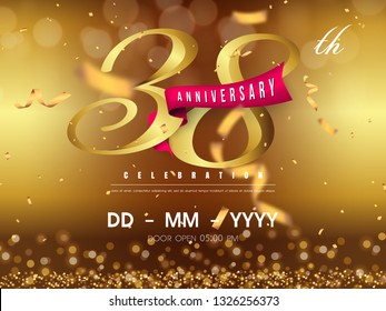 38 years anniversary logo template on gold background. 38th celebrating golden numbers with red ribbon vector and confetti isolated design elements