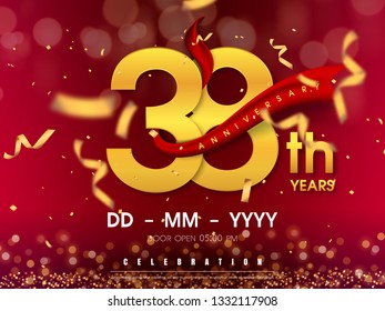 38 years anniversary logo template on gold background. 38th celebrating golden numbers with red ribbon vector and confetti isolated design elements