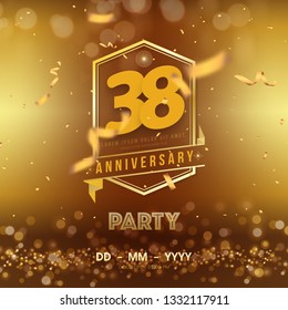 38 years anniversary logo template on gold background. 38th celebrating golden numbers with red ribbon vector and confetti isolated design elements