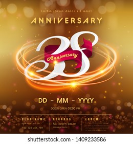 38 years anniversary logo template on golden Abstract futuristic space background. 38th modern technology design celebrating numbers with Hi-tech network digital technology concept design elements.