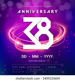 38 years anniversary logo template on purple Abstract futuristic space background. 38th modern technology design celebrating numbers with Hi-tech network digital technology concept design elements.