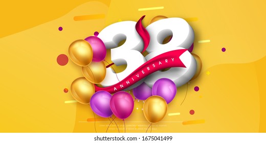 38 years anniversary logo template design on yellow background and balloons. 38th anniversary celebration background with red ribbon and balloons. Party poster or brochure template.