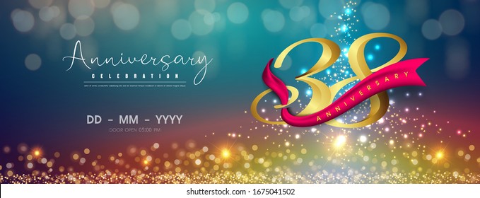 38 years anniversary logo template on gold and blue background. 38th celebrating golden numbers with red ribbon vector and confetti isolated design elements