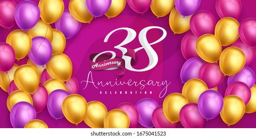 38 years anniversary logo template design on pink background and balloons. 38th anniversary celebration background with pink ribbon and balloons. Party poster or brochure template. Vector illustration