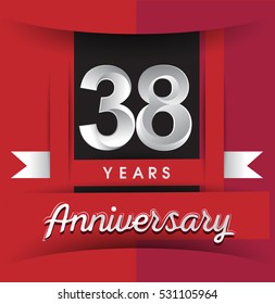 38 years anniversary logo with white ribbon isolated on red background, flat design style, Vector template elements for birthday celebration.