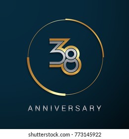 38 Years Anniversary Logotype with  Gold and Silver Multi Linear Number in a Golden Circle , Isolated on Dark Background