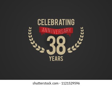 38 Years Anniversary logotype with golden colored font numbers, with ribbon and laurel, isolated on black background for company celebration event, birthday