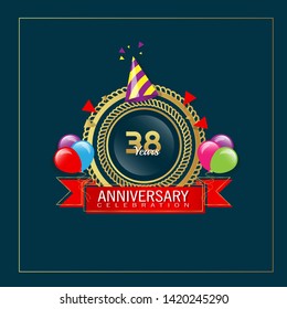 38 years anniversary - modern design celebrating. 38 years anniversary celebration simple logo. ribbon,balloon, gold emblem 