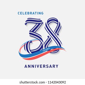 38 years Anniversary ribbon shape numbers with swoosh. Celebrating 38  years anniversary event party template.