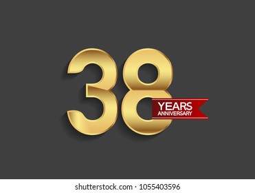 38 years anniversary simple design with golden color and red ribbon isolated on black background for celebration event