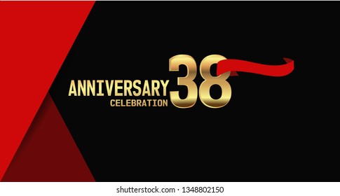 38 years Anniversary simple design with golden font and red ribbon, black and red background. red ribbon on the second font. elegant and simple design