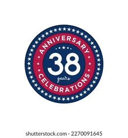 38 years anniversary. Anniversary template design, red and blue color with stars, design for event, invitation card, greeting card, banner, poster, flyer, book cover and print. Vector Eps10