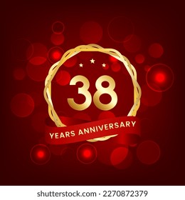 38 years anniversary. Anniversary template design with gold number and red ribbon, design for event, invitation card, greeting card, banner, poster, flyer, book cover and print. Vector Eps10