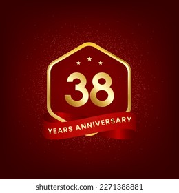 38 years anniversary. Anniversary template design with gold number and red ribbon, design for event, invitation card, greeting card, banner, poster, flyer, book cover and print. Vector Eps10