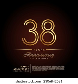 38 years anniversary, anniversary template design with double line number and golden text for birthday celebration event, invitation, banner poster, flyer, and greeting card, vector template