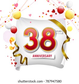 38 years anniversary vector illustration, banner, flyer, logo, icon, symbol. Graphic design element with flag, balloon, ribbon, confetty. Birthday greeting, event celebration