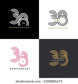 38 years anniversary vector number icon, birthday logo label, black, white and colors stripe number