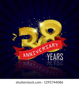 38 years anniversary Vector Template Design with golden color and silver ribbon isolated on blue sunburst background illustration for celebration event - Vector