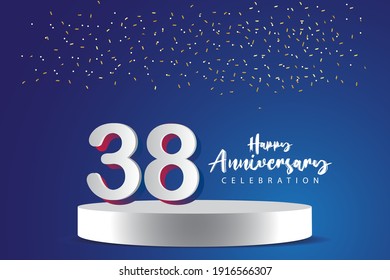 38 Years Anniversary Vector Template Design Illustration. Blue 3d Numbers with podium stage for celebration