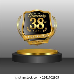 38 years gold anniversary celebration logo with 3d golden cylinder podium , isolated on grey background