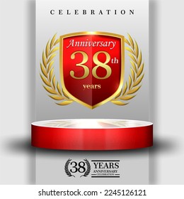 38 years gold anniversary celebration logo with 3d red cylinder podium , isolated on grey background