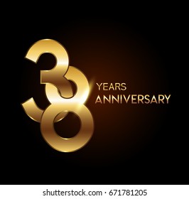 38 years gold anniversary celebration overlapping number logo, isolated on dark background