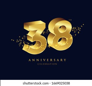 38 years golden 3D anniversary celebration logo vector.