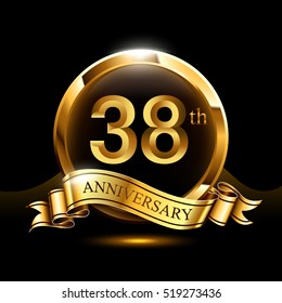 38 years golden anniversary logo celebration with ring and ribbon.