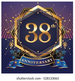 38 years golden anniversary logo celebration with ring and ribbon.