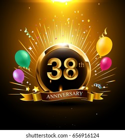 38 years golden anniversary logo celebration with ring, ribbon, firework, and balloon