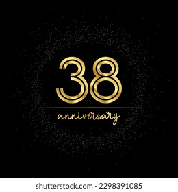 38 years golden number for anniversary with golden glitter and line on a black background