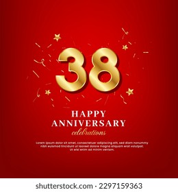 38 years of golden numbers, anniversary celebrating text, ad anniversary congratulation text with golden confetti spread on a red background