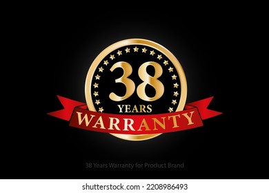 38 years golden warranty logo with ring and red ribbon isolated on black background, vector design for product warranty, guarantee, service, corporate, and your business.