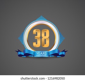 38 years logotype anniversary design with white ring, blue ornament and ribbon for use celebration event of your company, party, wedding and precious moment