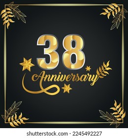 38 years old luxurious logo. anniversary year of vector gold colored template framed of palms.
