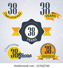 38 years of service/ 38 years / Celebrating 38 years / 38th Anniversary - Set of Retro vector Stamps and Seal for business