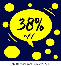 38% yellow discount hall with polka dots on blue background, percentage and promotion