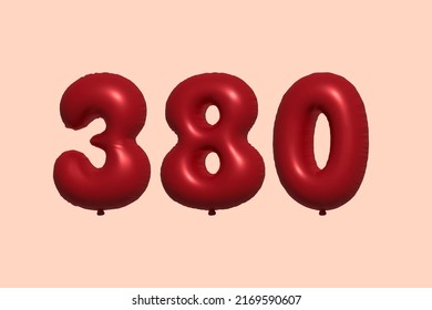 380 3d number balloon made of realistic metallic air balloon 3d rendering. 3D Red helium balloons for sale decoration Party Birthday, Celebrate anniversary, Wedding Holiday. Vector illustration