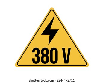 380 volts icon. Yellow board with warning of high voltage and electric shock. Vector isolated on white background