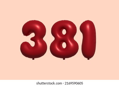 381 3d number balloon made of realistic metallic air balloon 3d rendering. 3D Red helium balloons for sale decoration Party Birthday, Celebrate anniversary, Wedding Holiday. Vector illustration